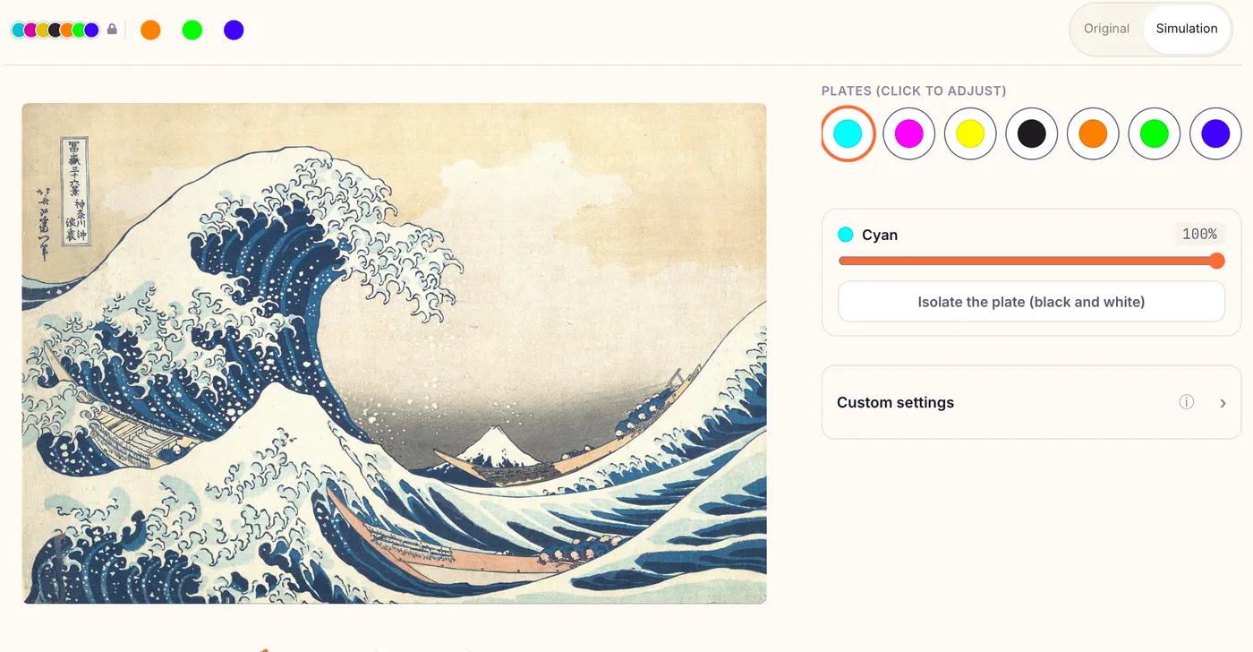 Colour separation of Hokusai’s Great Wave in Calibration Flow, with the seven plates to choose from