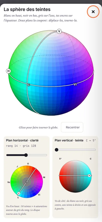 La sphère des teintes de Calibration Flow sur iPhone