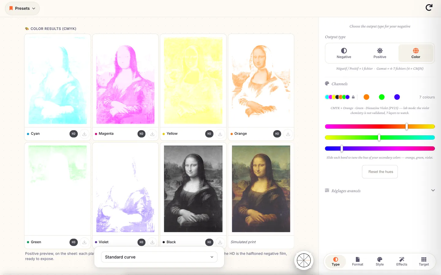 Calibration Flow on desktop: the Mona Lisa separated into seven colour plates, next to the simulated print