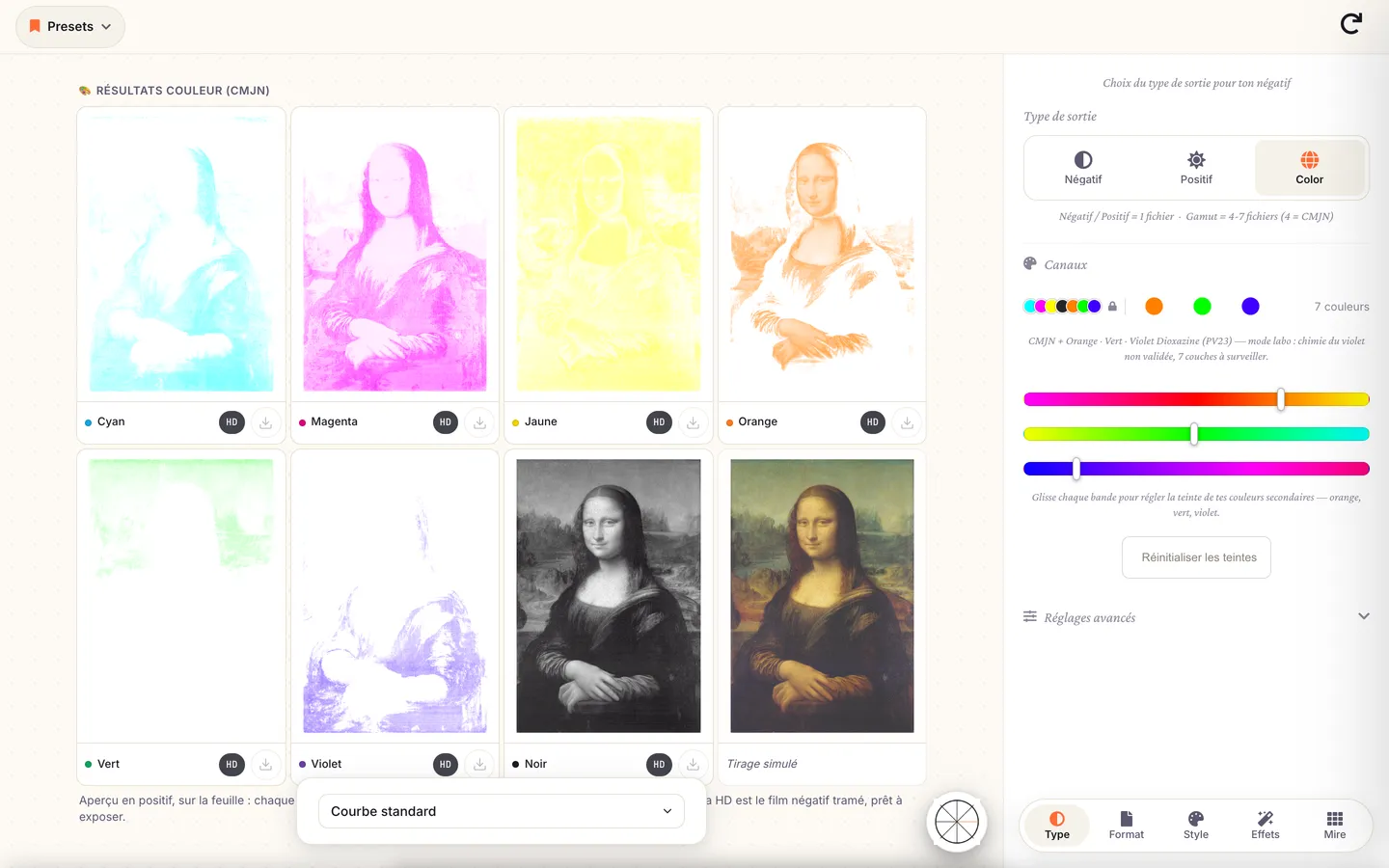 Calibration Flow sur ordinateur&nbsp;: la Joconde séparée en sept plaques de couleur, à côté du tirage simulé