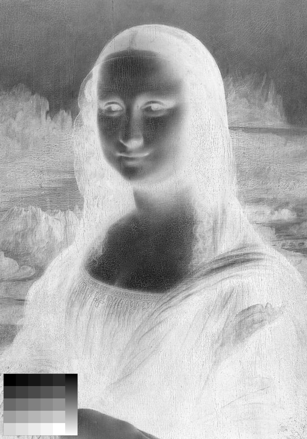 Negative of the Mona Lisa with the control strip turned on: the grey grid and gradient at the bottom left, inverted with the rest of the image