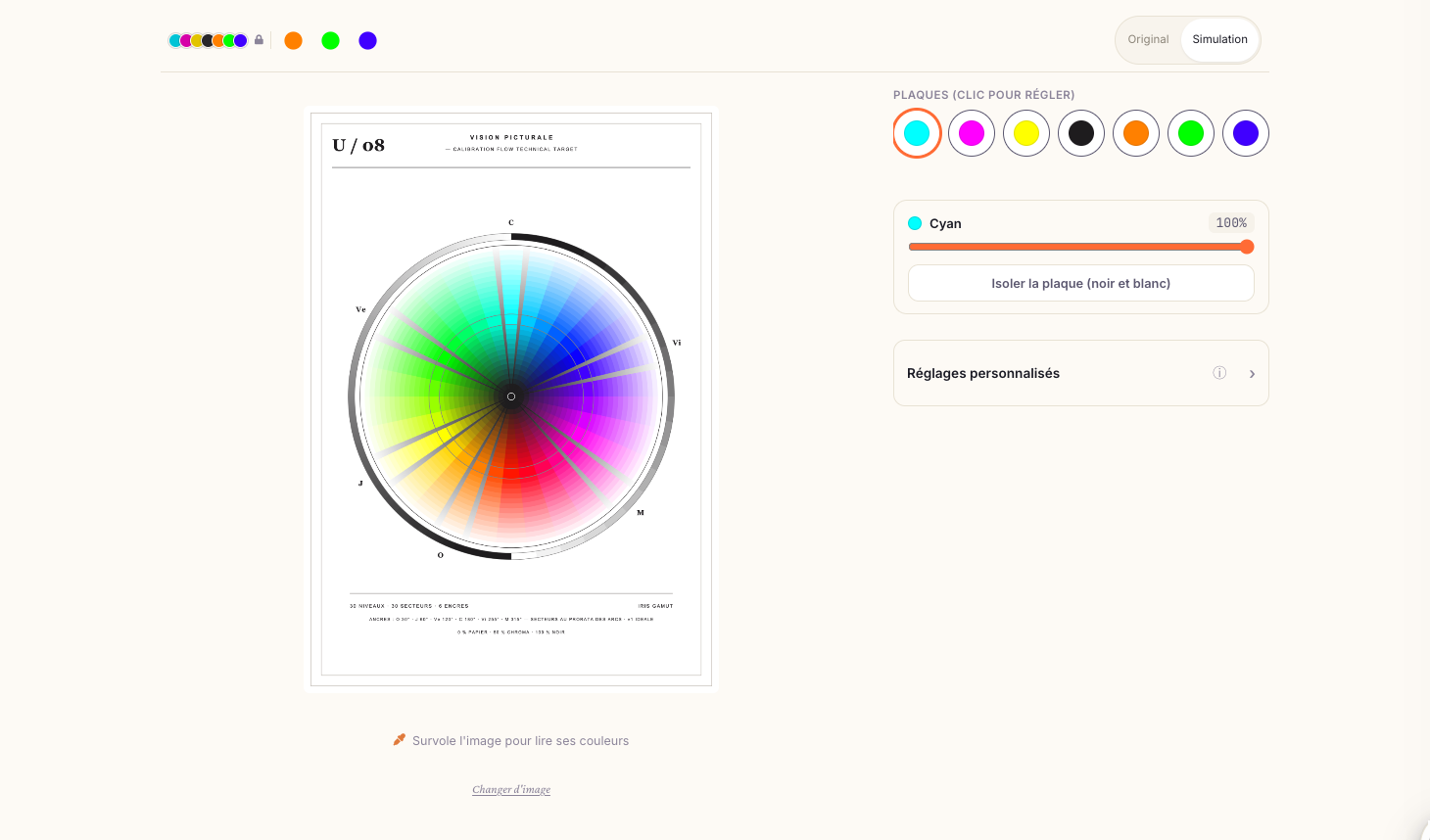 Color Separation Overlay screen: the Iris Gamut U/08 target simulated on the left, with its 30-sector wheel and six ink anchors; on the right the seven plate swatches and the Cyan opacity slider at 100%